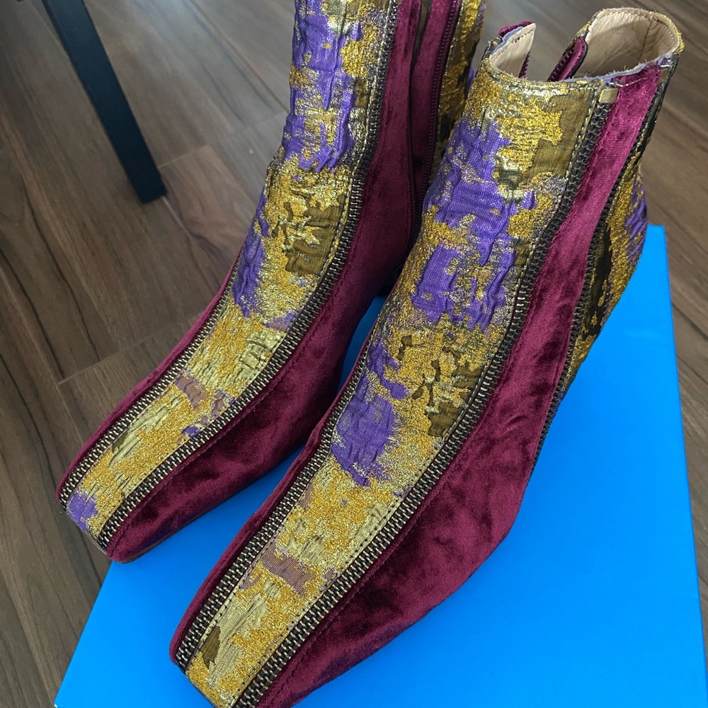 John Fluevog Purple, Burgundy and Gold Ankle Booties